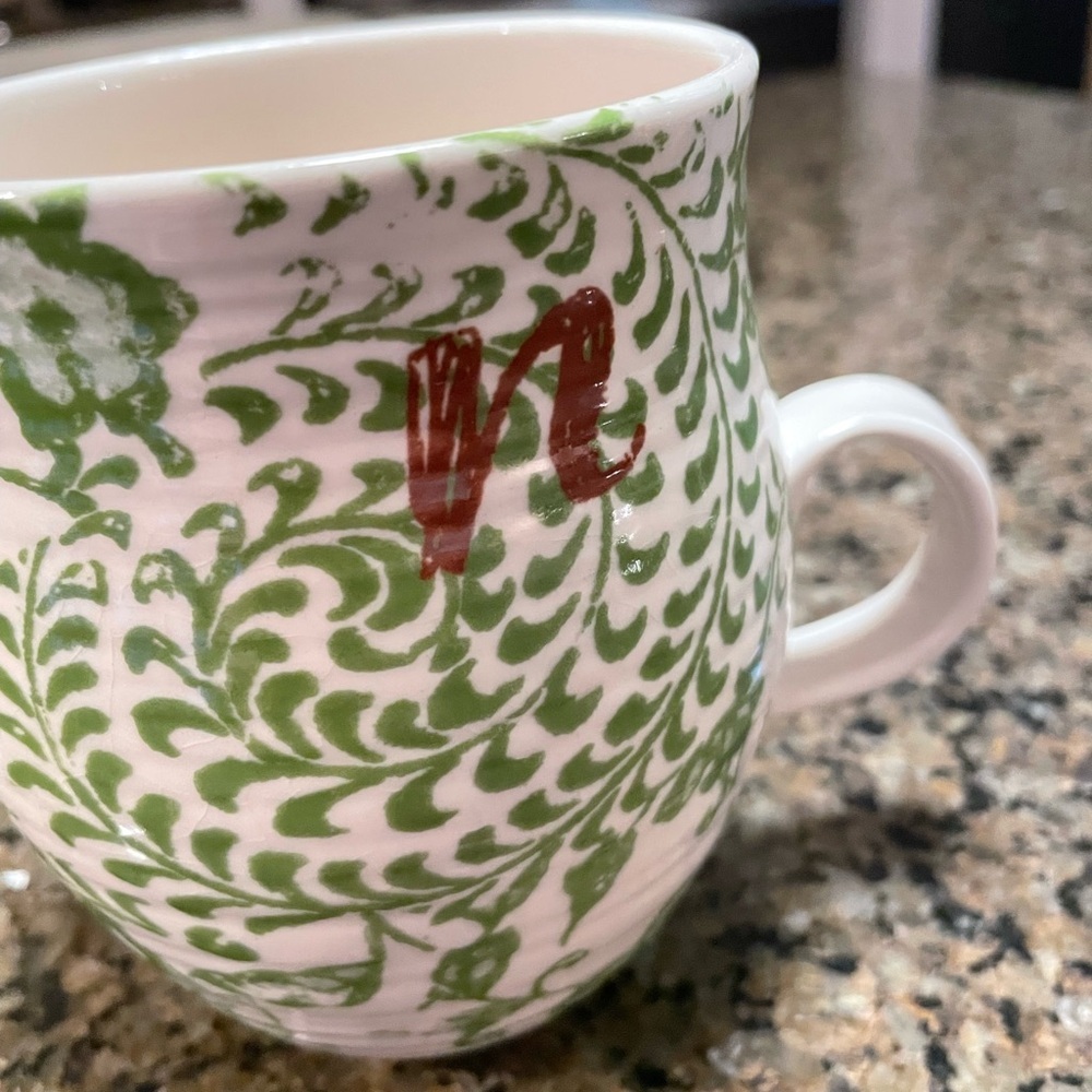 Anthropologie Green White Floral Mug Brown Monogram Initial Mug Lower Case “n”
